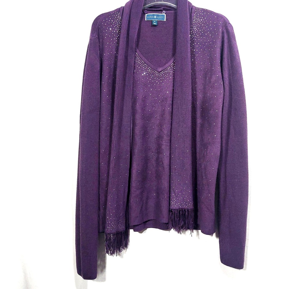 Karen Scott Womens Knit Sweater & Attached Scarf Size XL Purple Emblished V Neck